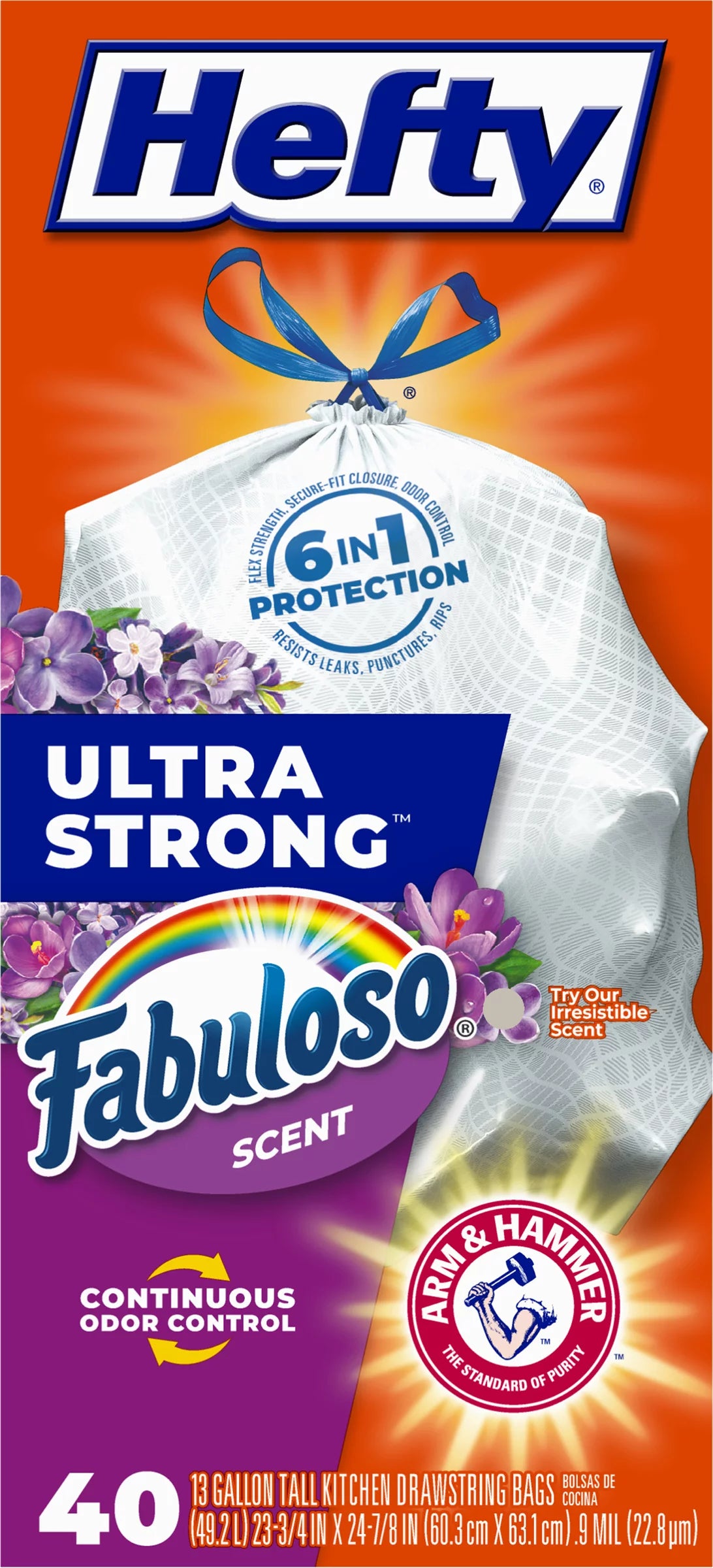 Hefty Ultra Strong Tall Kitchen Trash Bags, Fabuloso Scent, 13 Gallon, 40 Count,